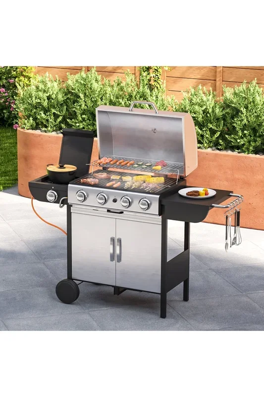5-Burner Silver Outdoor Gas Grill with Side Burner – 56″ Stainless Steel BBQ & Warming Rack