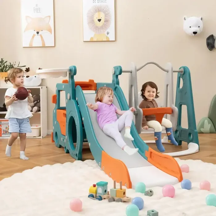 5-in-1 Toddler Slide Set | Bus Theme with Swing, Slide, Basketball and Mini Room COSTWAY
