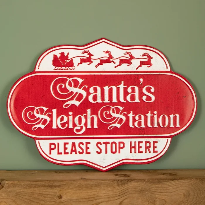 51cm Red and White Metal Christmas Santa Sleigh Station Sign