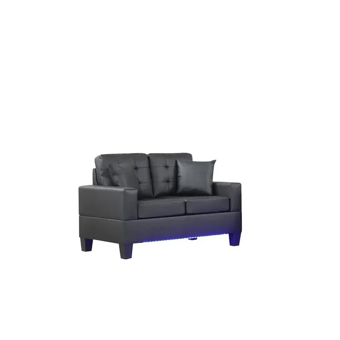 55.5″W Black PVC Fabric Loveseat with LED Lights, USB Charger, Tufted Cushions