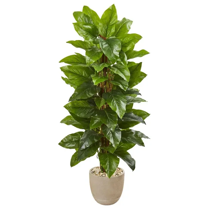 58in. Large Leaf Philodendron Artificial Plant in Sand Stone Planter (Real Touch)