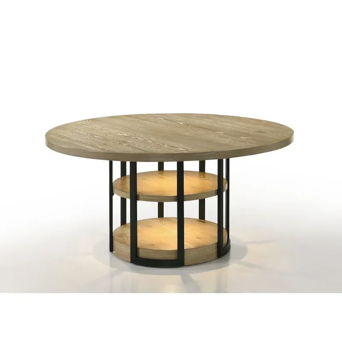 59″ Round Rustic Oak Dining Table with LED Light, Black Metal Frame, Shelves