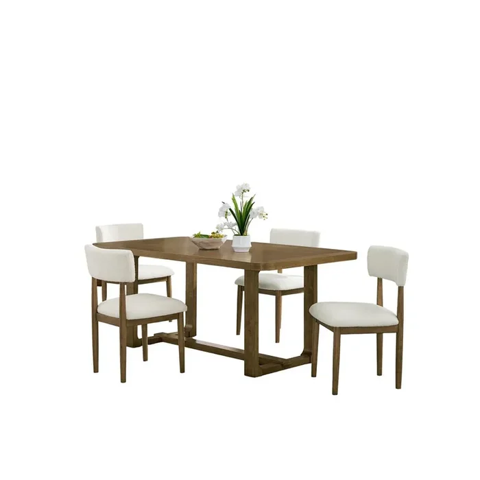 5Pc 72″ Rectangular Walnut Oak Finish Sled Dining Set with Sherpa Fabric Chairs