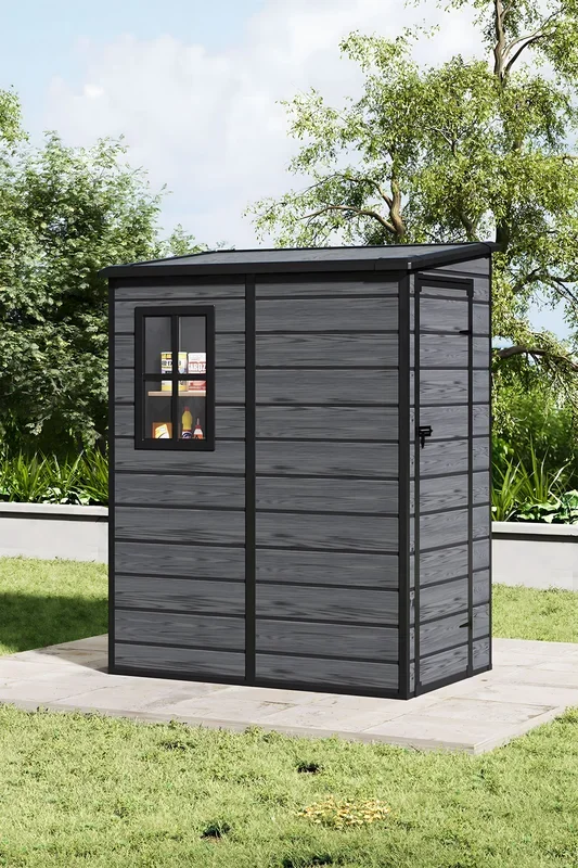 5x4FT Outdoor Plastic Garden Tool Shed – Waterproof Sloped Roof, Lockable Door, Wood Grain Effect (Grey)