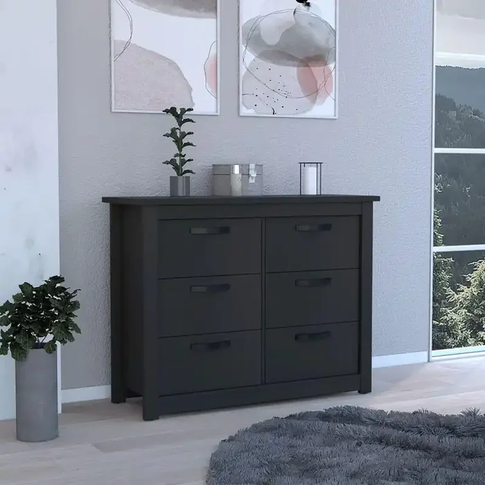 6 Drawer Double Dresser Toret, Metal Hardware, Black Wengue Finish