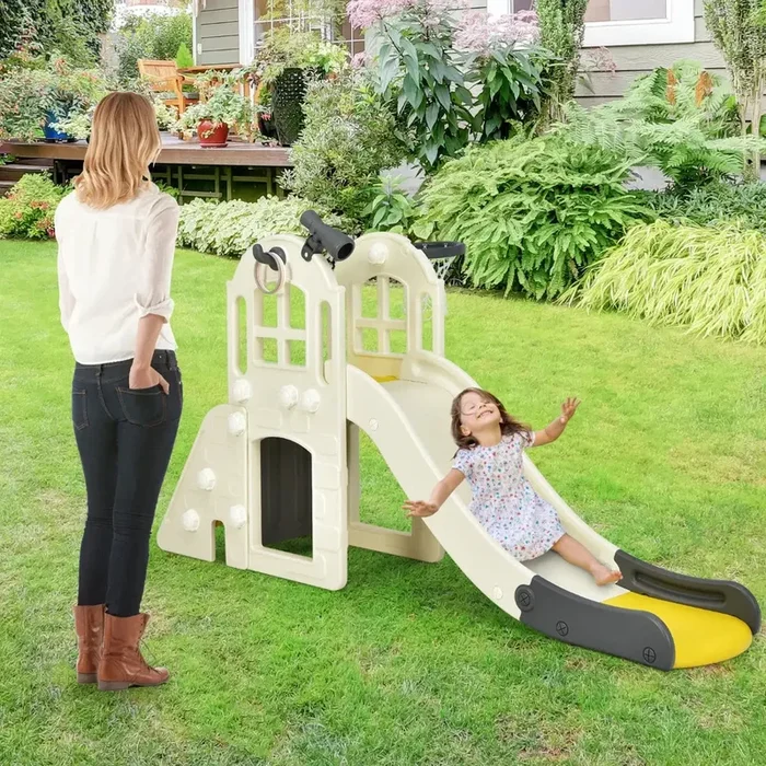 6-in-1 Kids Slide and Climber Set | Tunnel, Basketball Hoop, Ring Toss and Telescope COSTWAY