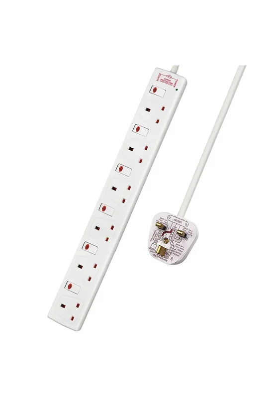 6 Way Socket with Cable 3G1.25, 3M, White, with Indicate Light, Individual Switch, Child-Resistant Sockets, Surge Indicator