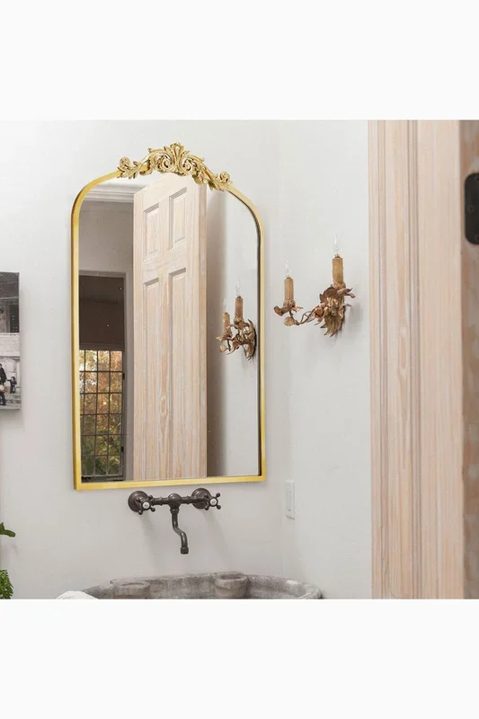 60cm W x 89.5cm H Vintage-Inspired Gold Floral Carved Metal Framed Arch Accent Wall Mirror