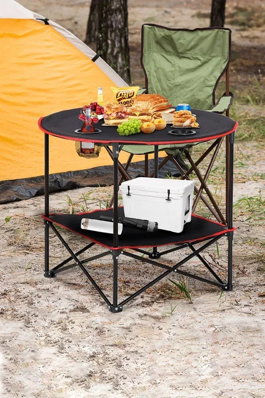 72.8cm Dia x 61.9cm H Foldable Camping Table Protable Fishing Round Table with Cupholders