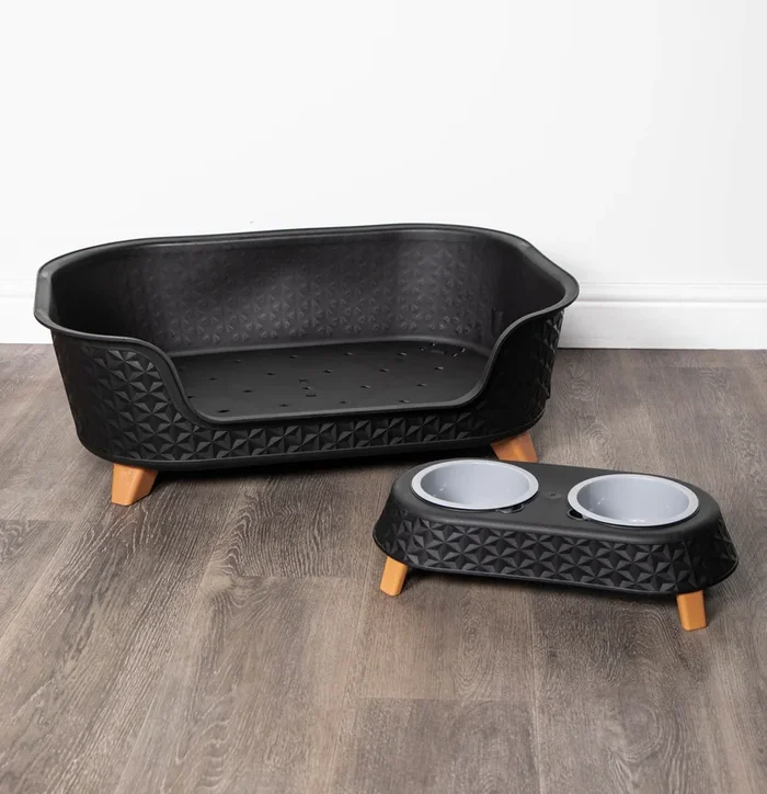 77cm x 58cm Black Plastic Raised Pet Basket with Legs and Black Plastic Double Pet Bowl Feeder with Stand Set