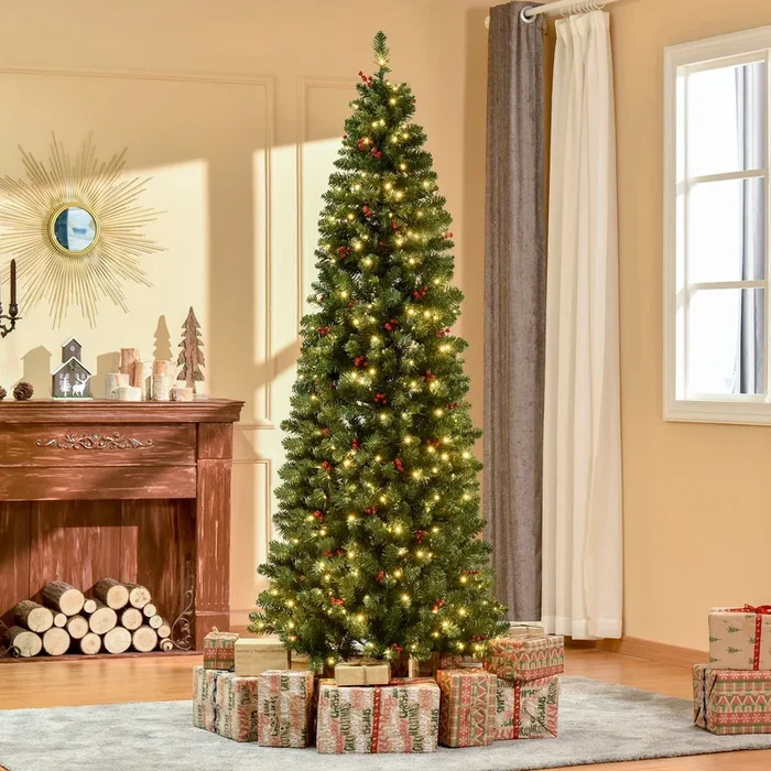 7ft Artificial Pencil Christmas Tree with LED Light Berry Xmas Decor