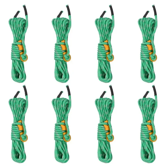8 – 4m Tent Guy Ropes with Spanners – Green – Reflective – 4mm