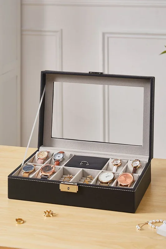 8-Slot Black Synthetic Leather Watch Display Box with Ring Slots