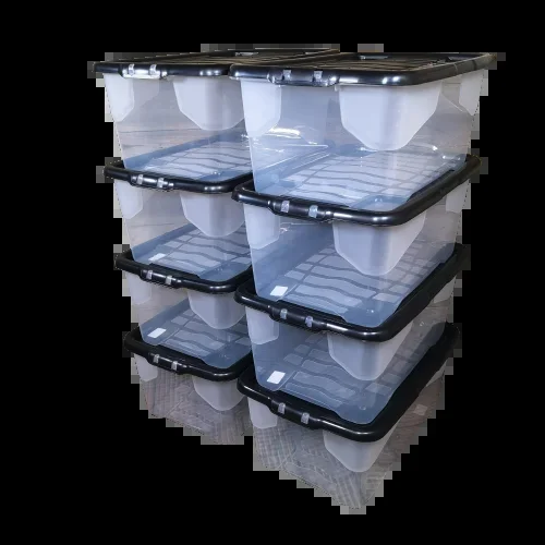 8 x 42L Clear Storage Box with Black Lid, Stackable and Nestable Design Storage Solution