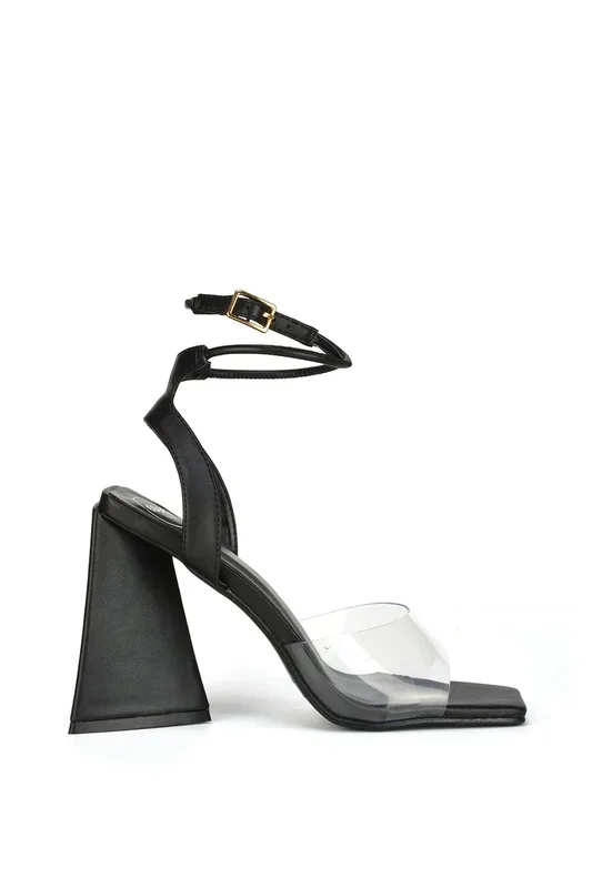 ‘Dahlia’ Lace Up Ankle Strappy Perspex Square Toe Chunky Block High Heels