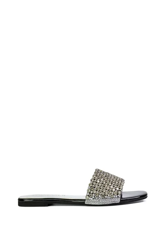 ‘Daisy Jones’ Slip On Slider Diamante Flat Sandals With Square Toe