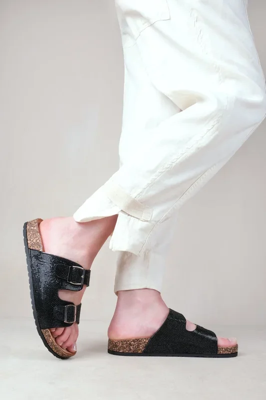 ‘Double’ Up Two Strap Flat Sandals With Diamante Detail