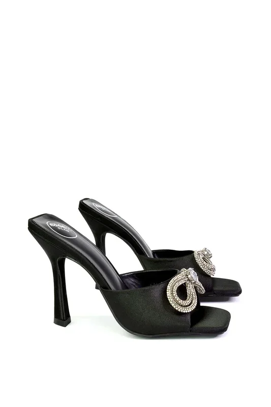 ‘Elsa’ Diamante Bow Square Toe Heeled Mule Sandals