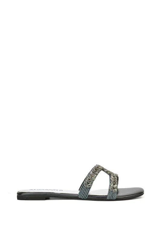 ‘Kane’ Slip On Cut Out Square Toe Diamante Flat Sandals Sliders