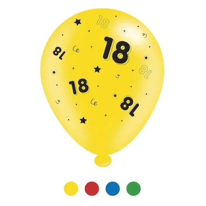 “18” Design Latex Birthday Balloons Assorted Colours 8 Pack – Case of 6