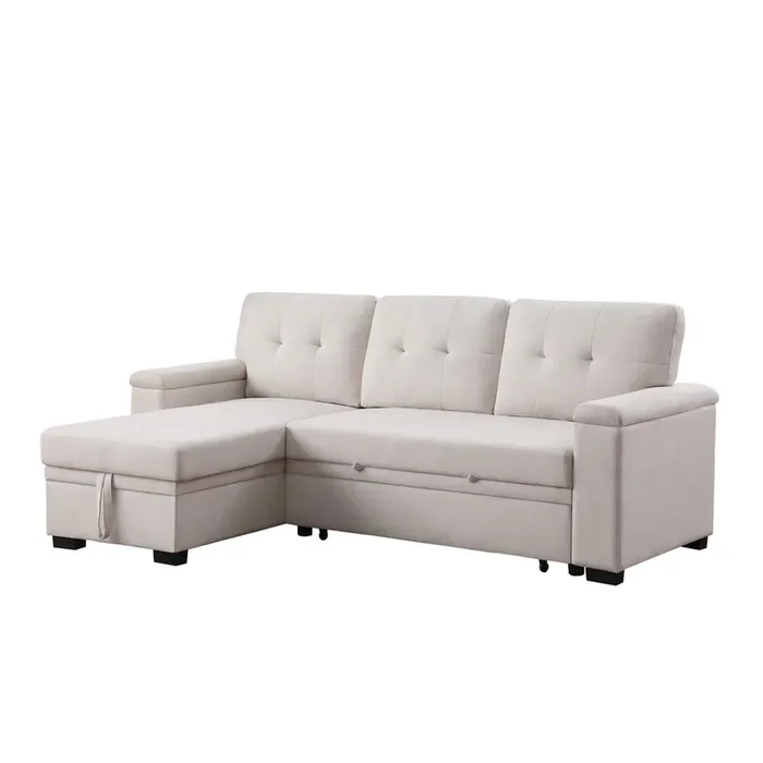 84.5″W Beige Woven Fabric Reversible Sleeper Sectional Sofa