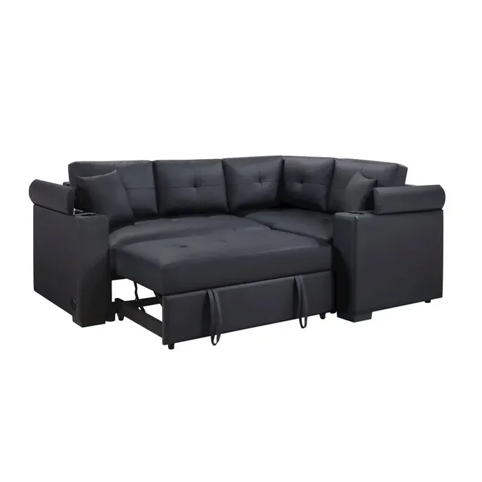 84.5″W Black PVC Fabric Sleeper Sectional