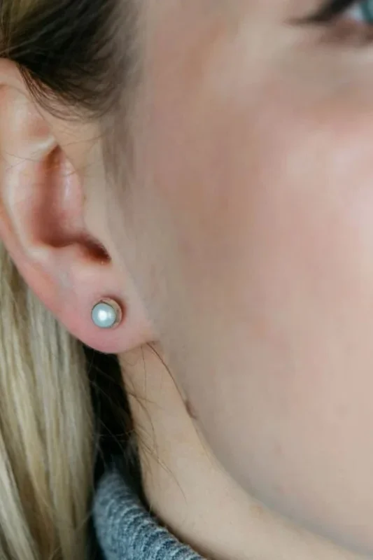 925 Sterling Silver White Pearl Round Ball Stud Earrings