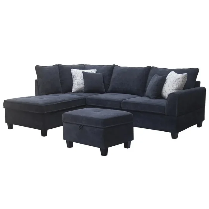 99.5″W Black Fabric Sectional Sofa with Left-Facing Chaise Storage Ottoman