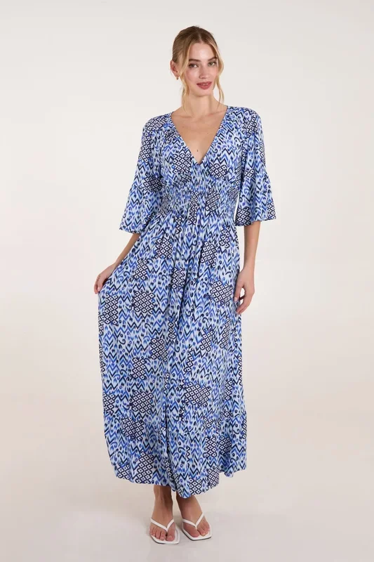 Abstract Elasticated Neck Shirred Waist Maxi Dress