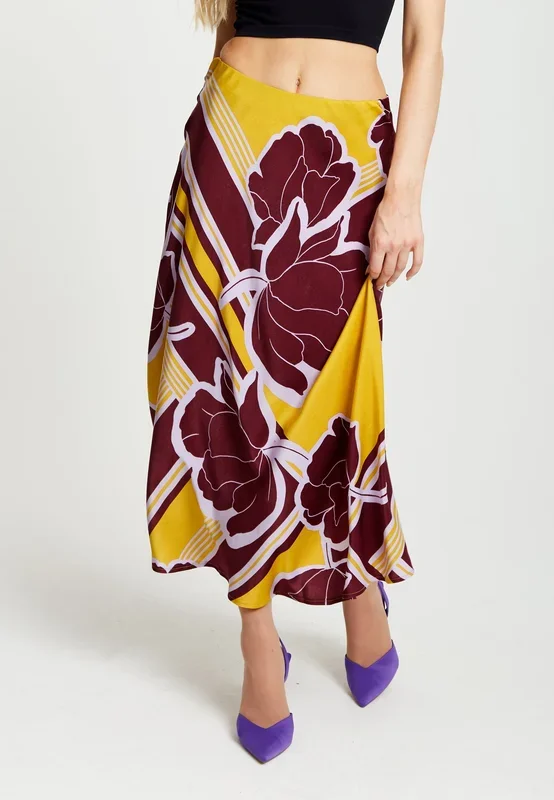 Abstract Ikat Print Midi Skirt In Black And Pink
