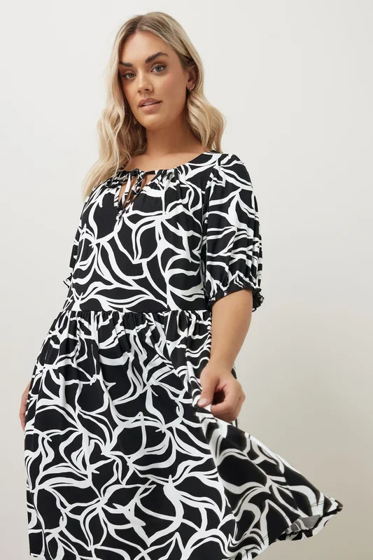 Abstract Print Tie Neck Midi Dress