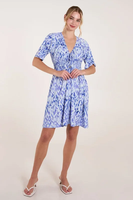 Abstract Shirred Waist V Neck Dress