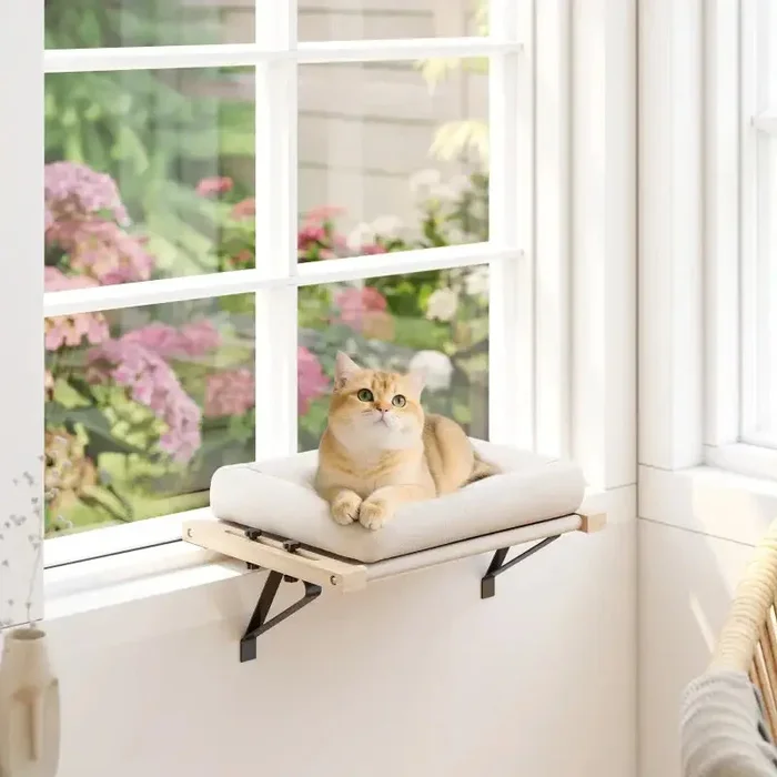 Adjustable Cat Hammock Bed – Cream and Natural Wood | Radiator or Windowsill Cat Bed PAWHUT