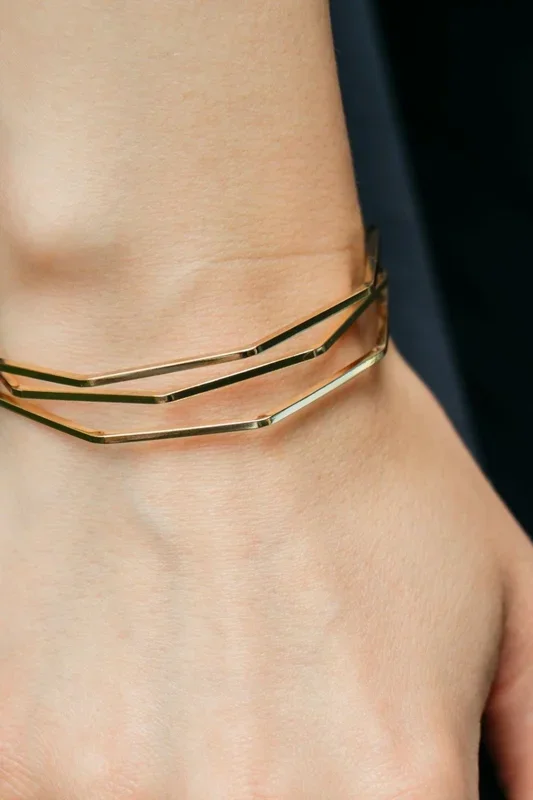 Adjustable Three Layer Silver Twist Angle Geometric Open Cuff Bangle Bracelet