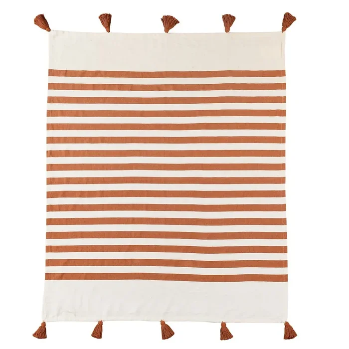 Adobe Orange/White Striped Hand-Woven All-Natural Cotton Throw Blanket