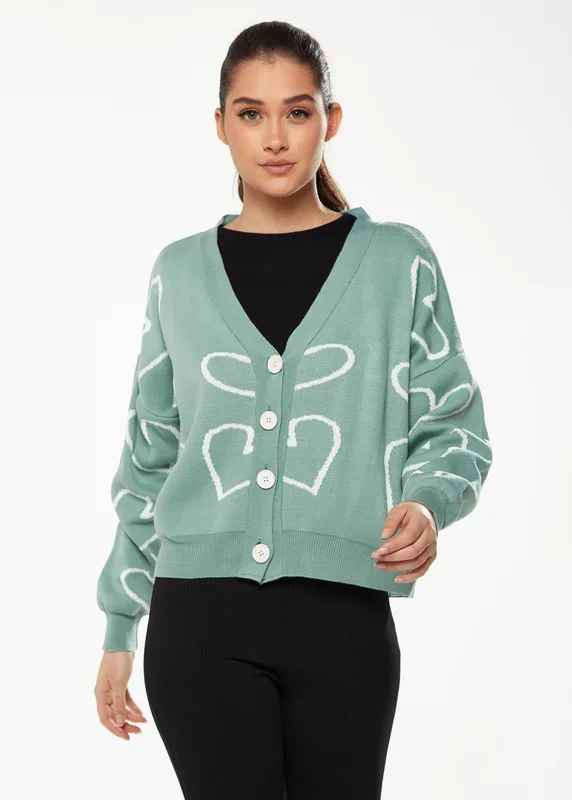 All Heart Cardigan In Green & White