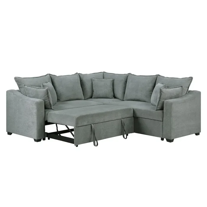 Allen 92″W Gray Woven Fabric Sleeper Sectional Sofa with Throw Pillows