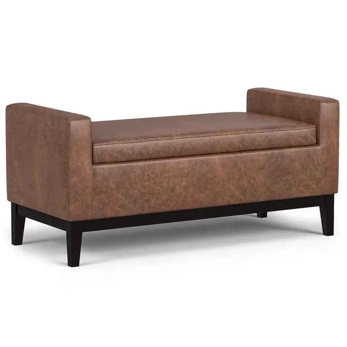 Amber Rectangular Storage Ottoman In Distressed Saddle Brown Vegan Faux Leather