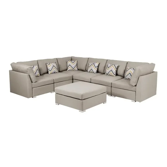 Amira Beige Fabric Reversible Modular Sectional Sofa w/ Ottoman & Pillows