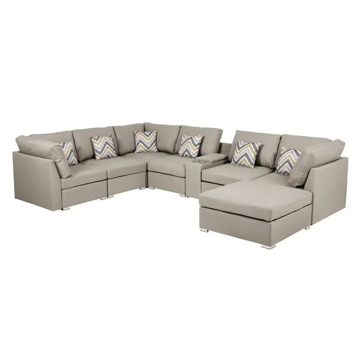 Amira Beige Fabric Reversible Modular Sectional Sofa w/ USB Console and Ottoman