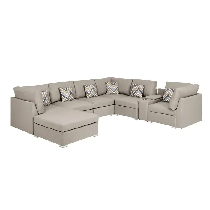 Amira Beige Fabric Reversible Modular Sectional Sofa with USB Console & Ottoman