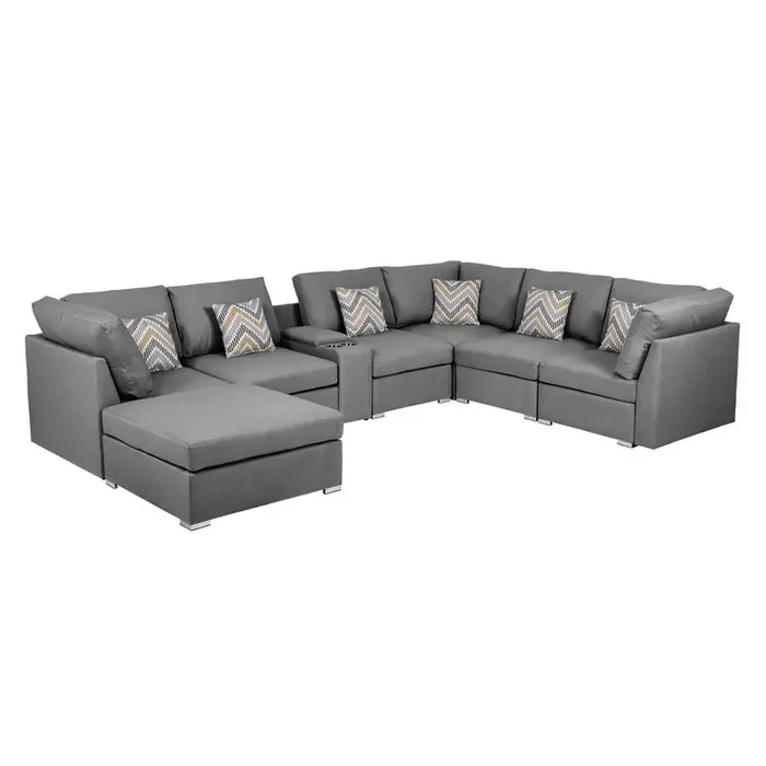 Amira Gray Fabric Reversible Modular Sectional Sofa w/ USB Console and Ottoman
