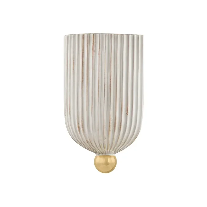 Amira Wall Sconce, Aged Brass/Ceramic Fluted Cream Color, Diameter 6.25