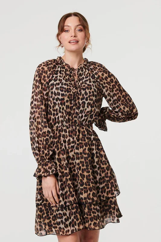 Animal Print Ruched Tie Neck Short Dress