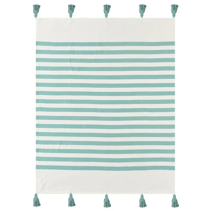 Aqua Blue/White Striped Hand-Woven All-Natural Cotton Throw Blanket