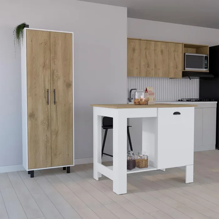 Arlington 2 Piece Kitchen Set, Kitchen Island + Pantry Cabinet