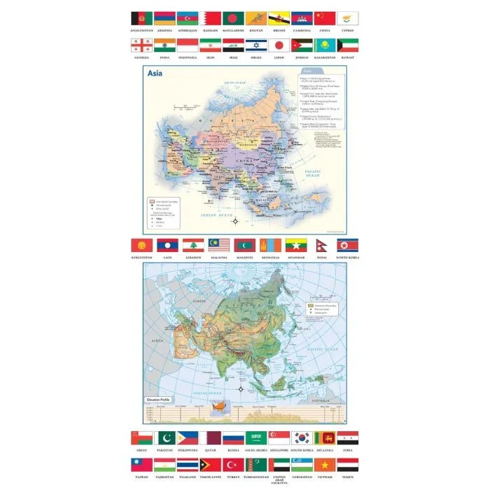 Asia Political & Physical Continent Map with Country Flags Map