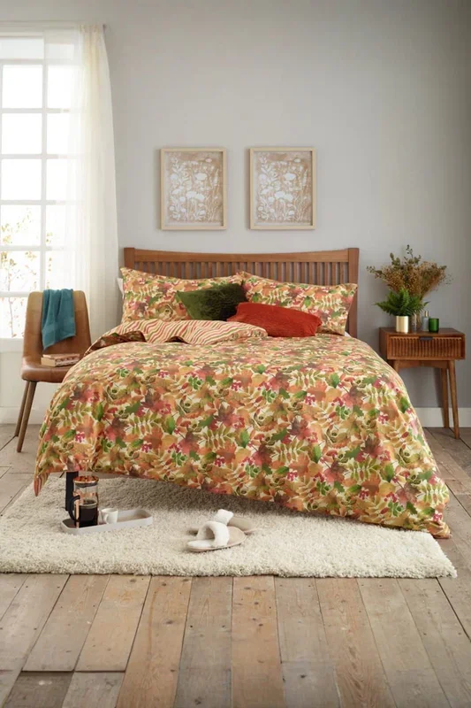 Autumn Leaves Rust Cotton Rich Duvet Cover Set – Printed Soft & Breathable Bedding