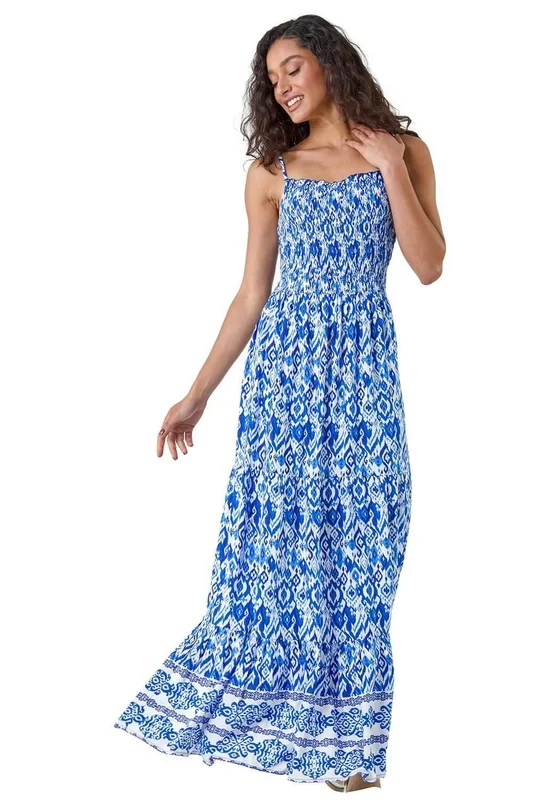 Aztec Border Print Shirred Maxi Dress