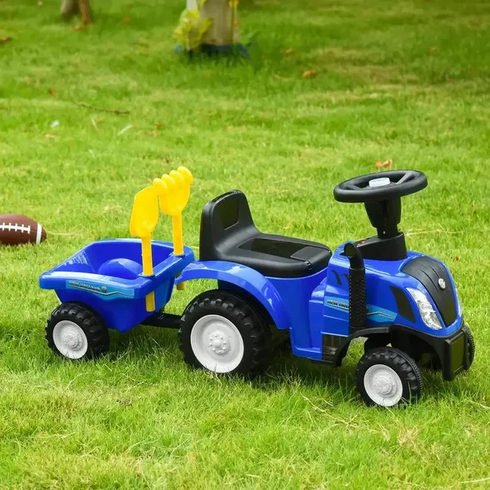 Baby Ride-On Tractor Walker and Stroller – Blue | Foot-to-Floor Car with Fork and Shovel HOMCOM